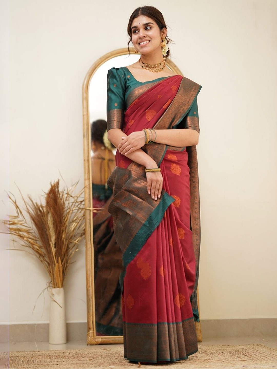 

KALINI Woven Design Zari Pure Silk Kanjeevaram Saree, Red