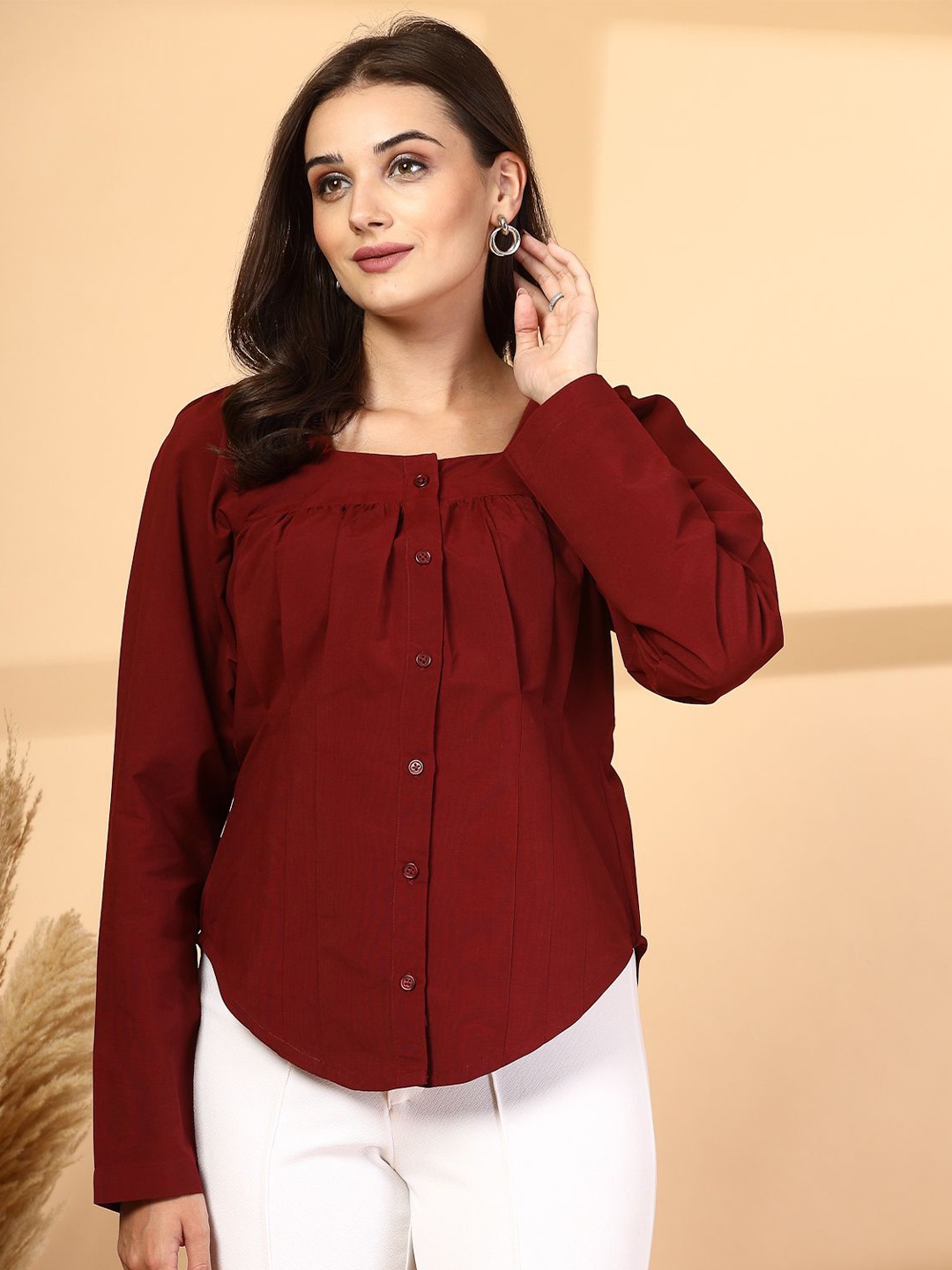 

plusS Women Collarless Solid Cotton Casual Shirt, Red