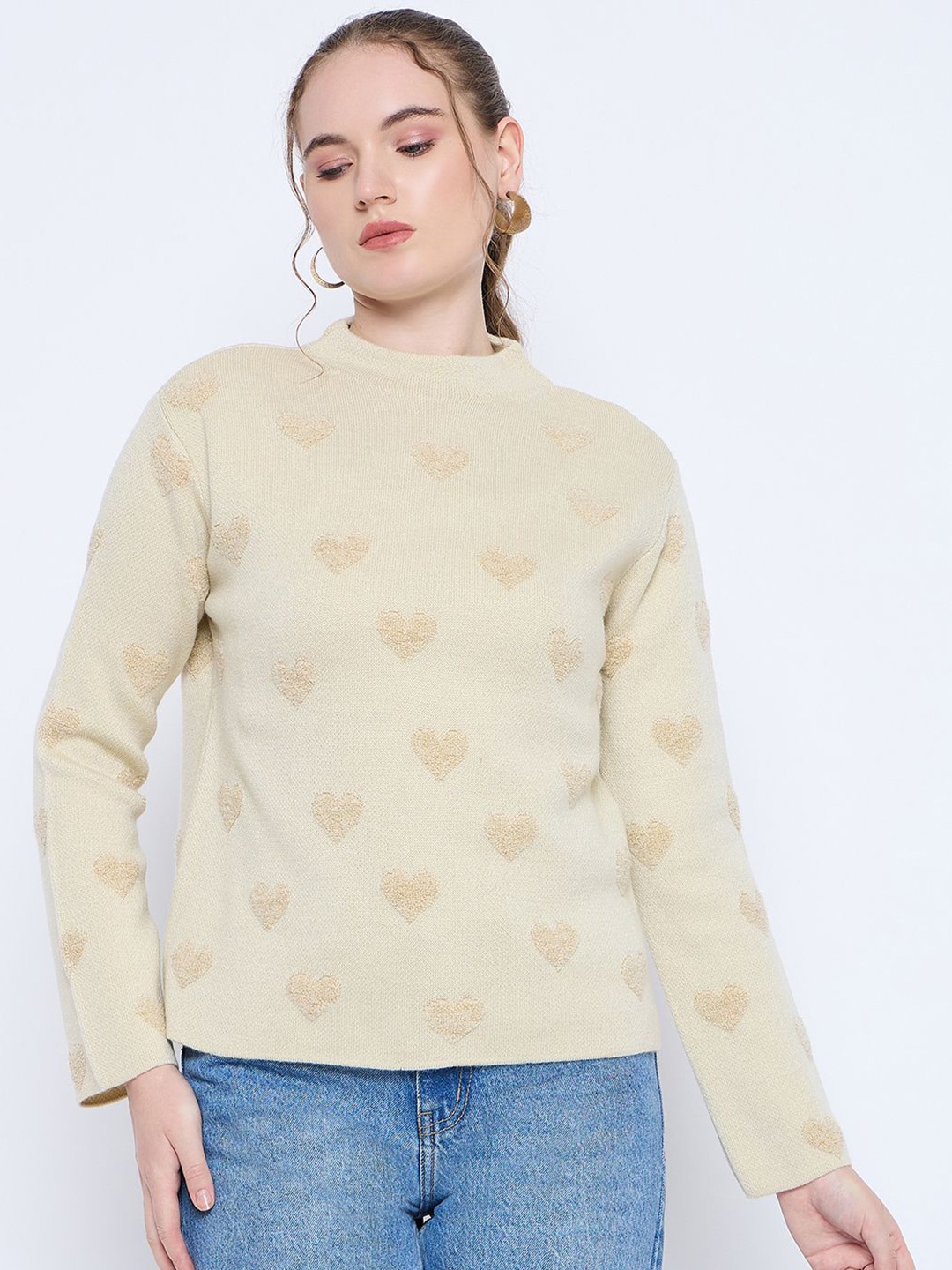 

Madame Women Self Design Long Sleeves Round Neck Pullover Sweaters, Beige