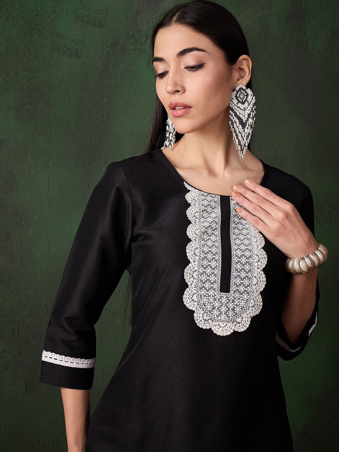 

Sangria Black Floral Embroidered Three-Quarter Sleeves Chikankari Work Kurta With Trouser