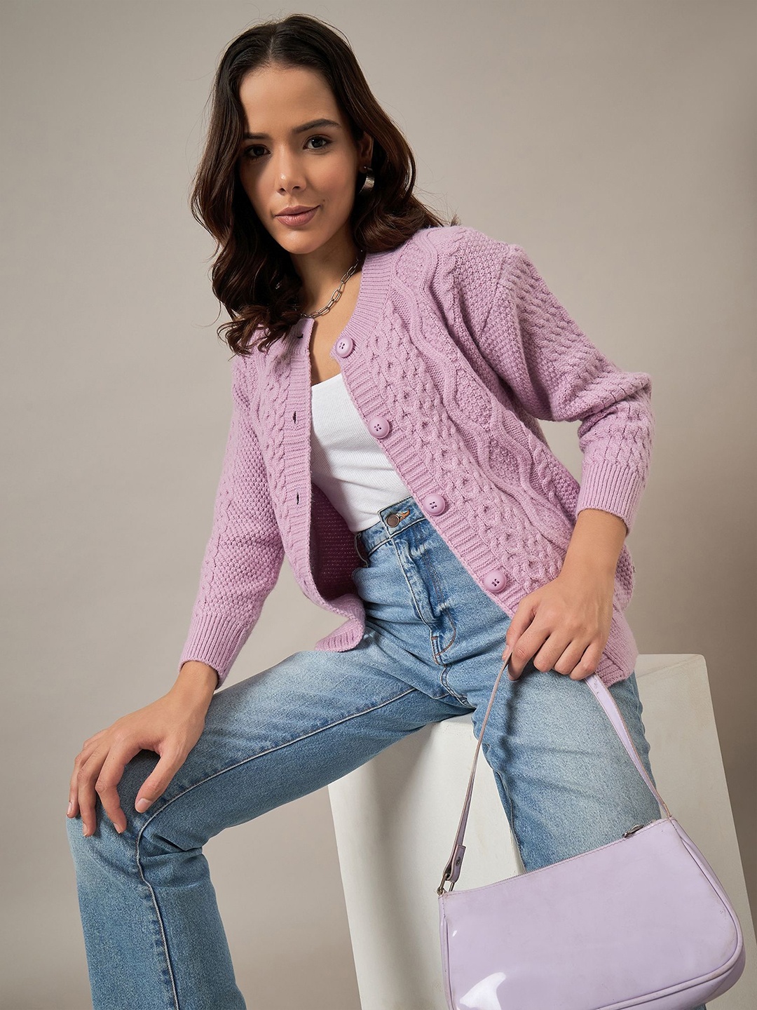 

The Roadster Lifestyle Co Women Cable Knit Cardigan, Lavender