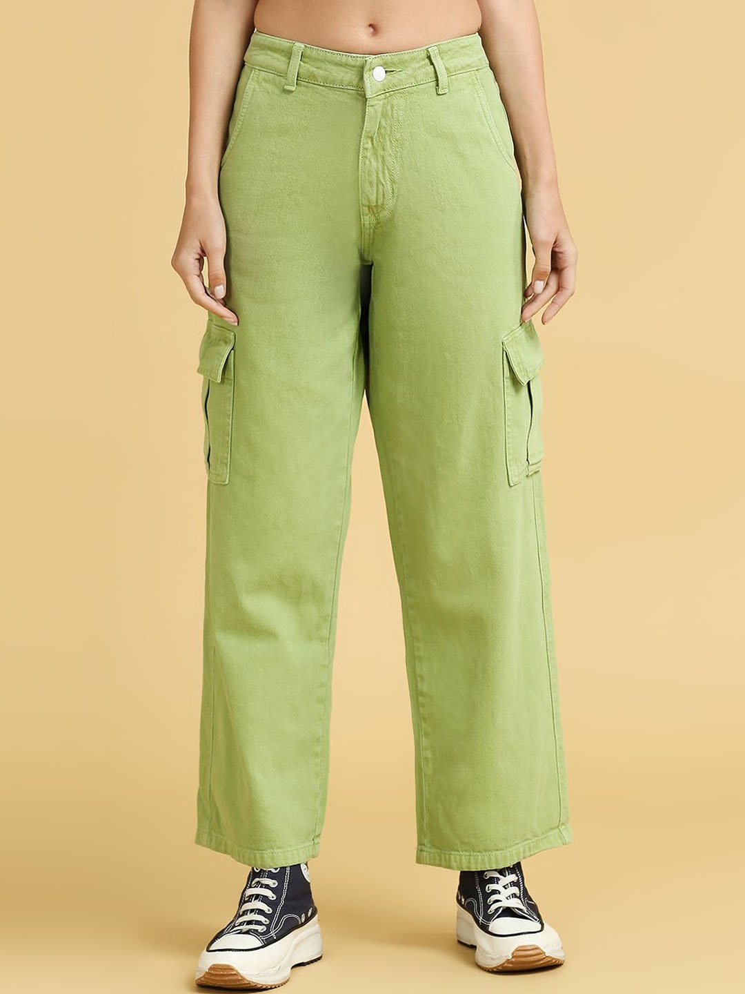 

BAESD Women Cotton Wide Leg High-Rise Jeans, Green