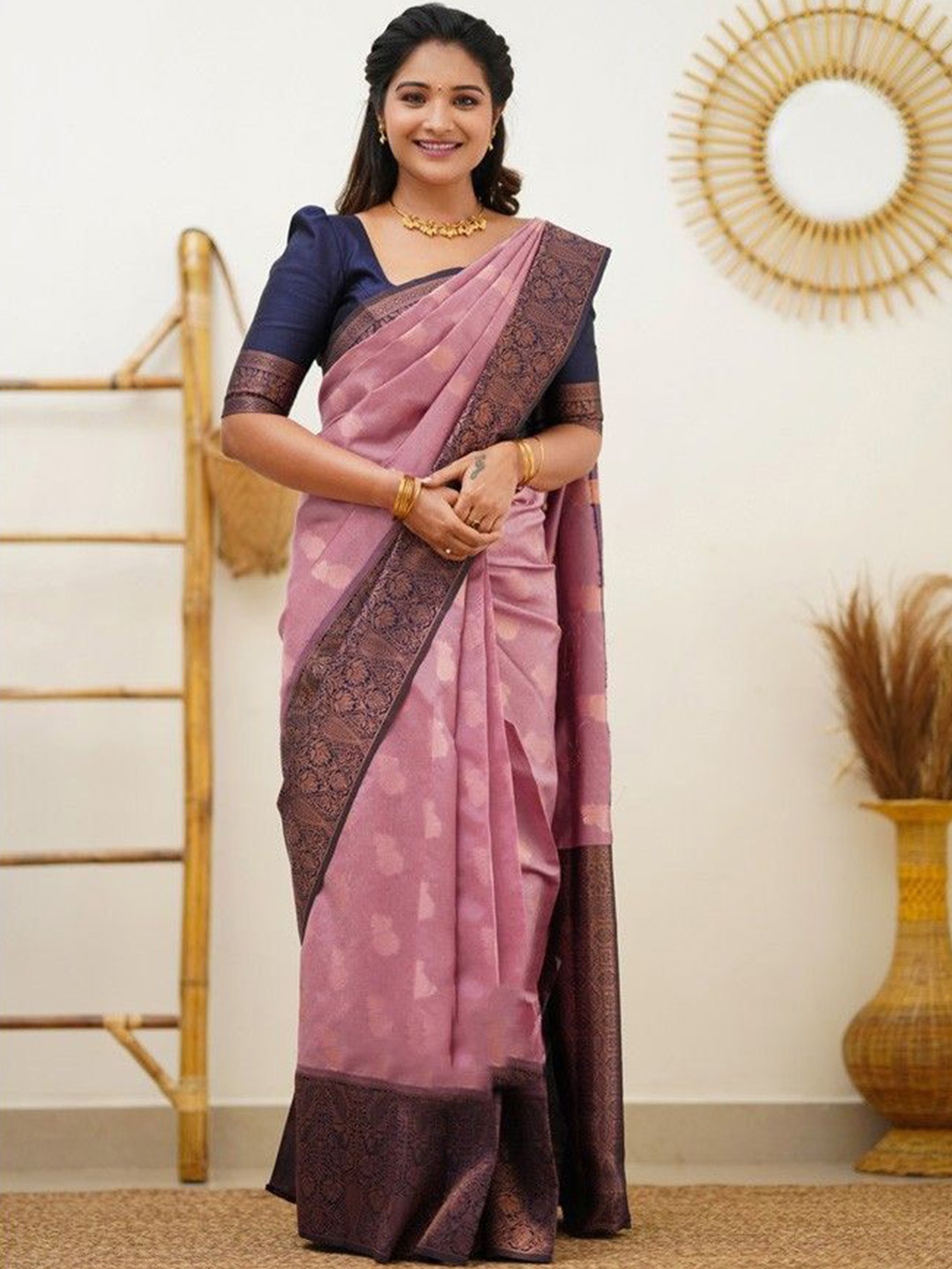 

KALINI Woven Design Zari Pure Silk Kanjeevaram Saree, Pink