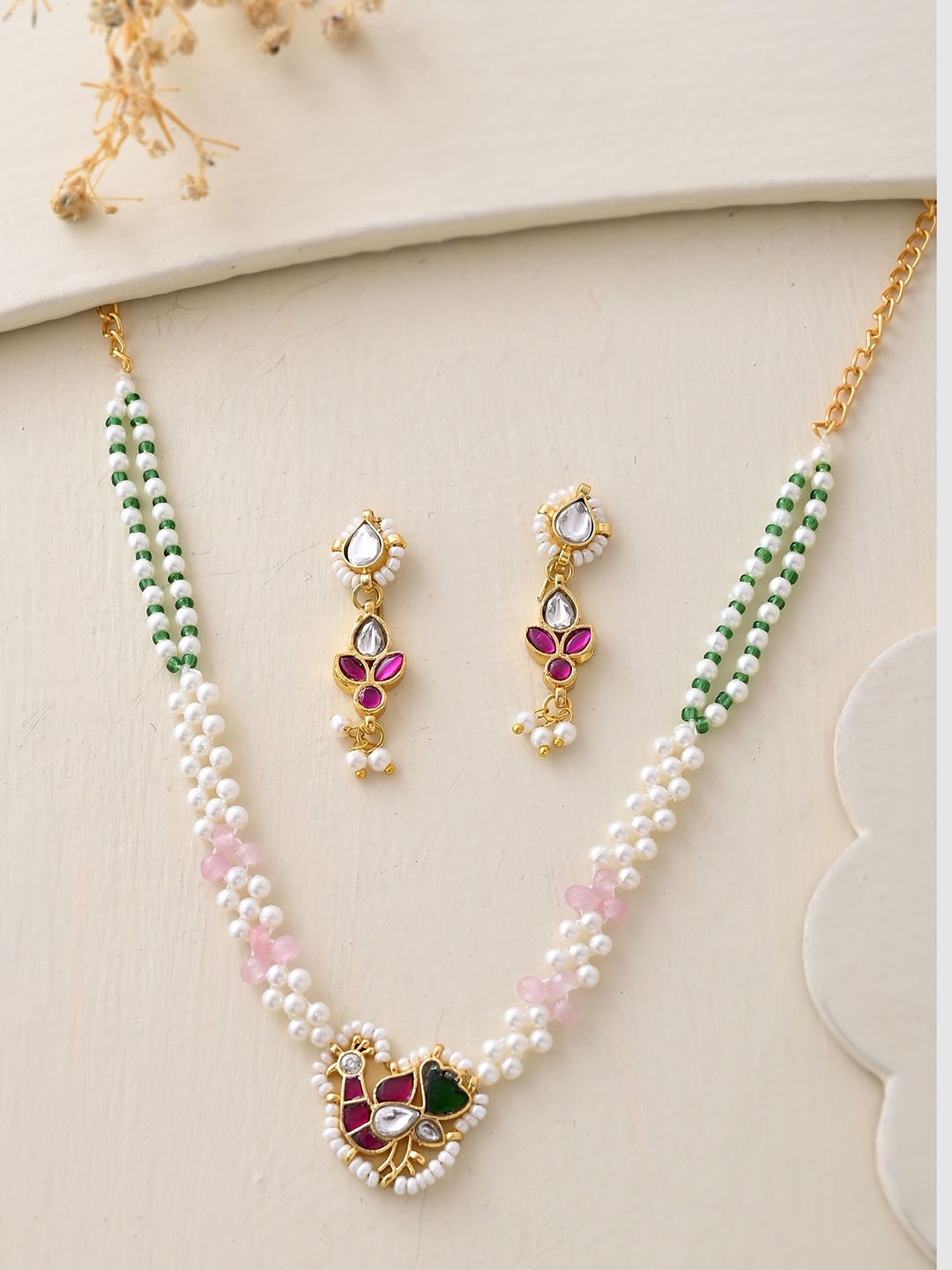 

DASTOOR Gold-Plated Stone-Studded & Beaded Jewellery Set