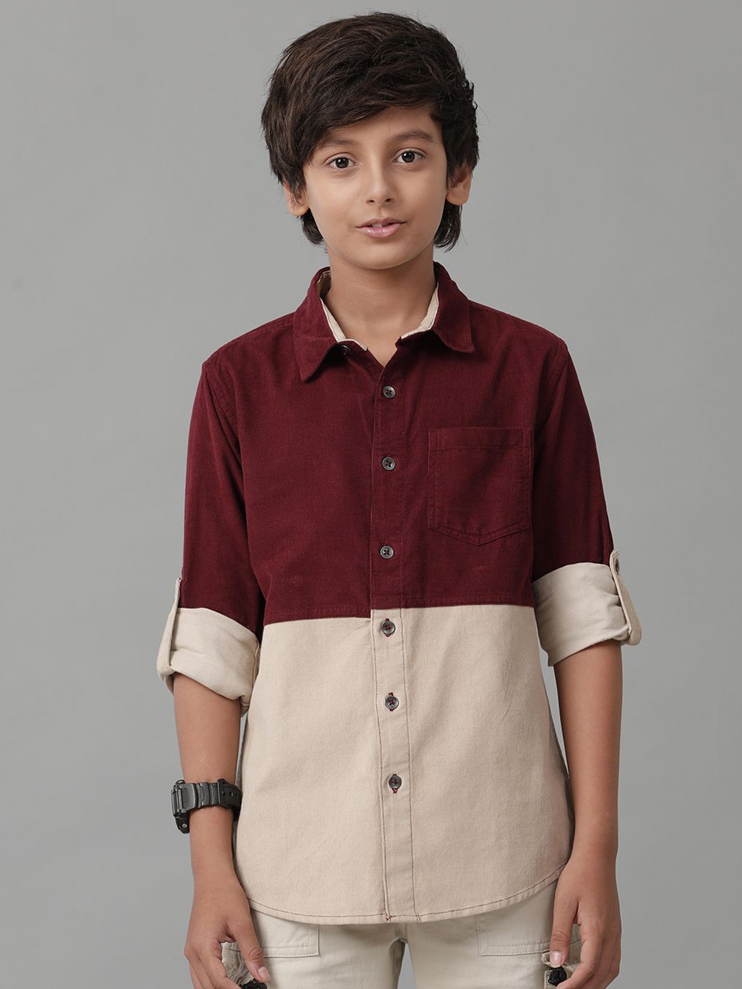 

UNDER FOURTEEN ONLY Boys Spread Collar Colourblocked Cotton Casual Shirt, Maroon