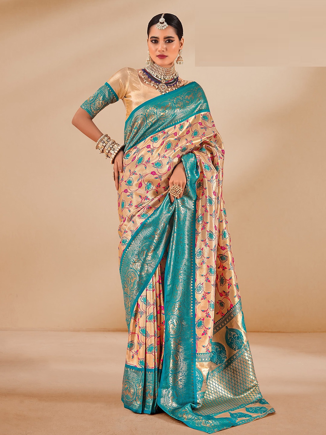 

MAHALASA Ethnic Motifs Zari Kanjeevaram Tissue Saree, Turquoise blue