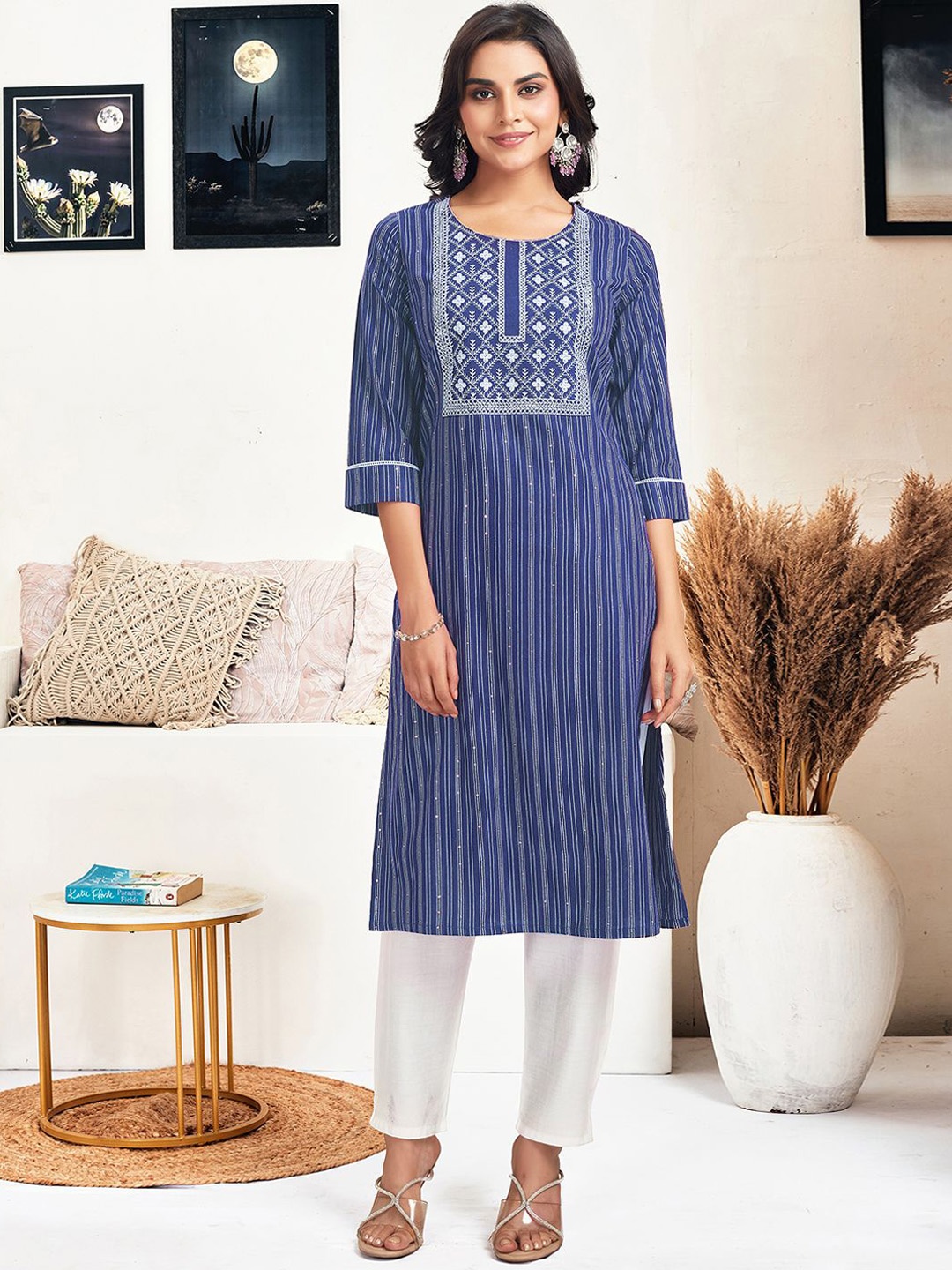 

KALINI Striped Round Neck Sequinned Cotton Straight Kurta, Blue