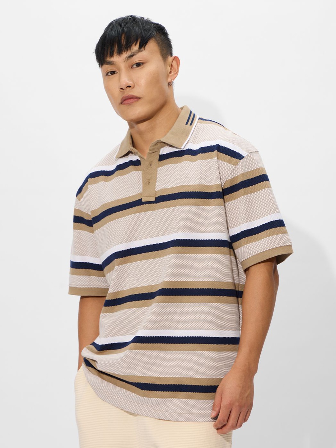 

The Souled Store Men Striped Polo Collar Cotton Oversized T-shirt, Pink