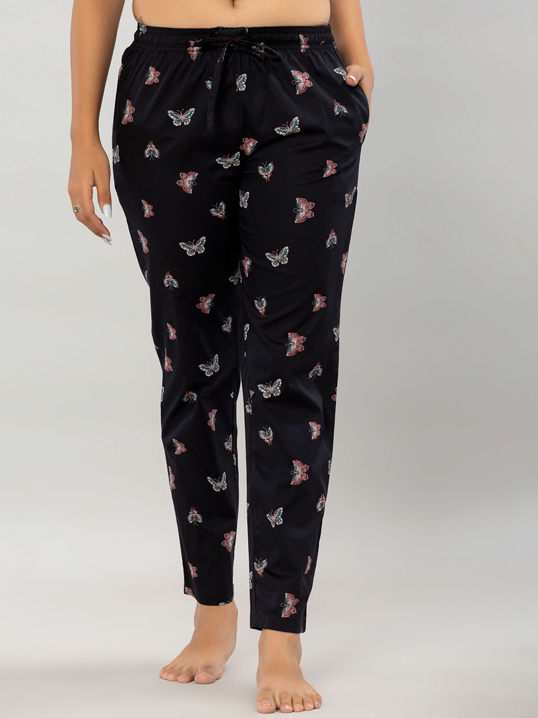 

FLAMBOYANT Women Mid-Rise Printed Cotton Lounge Pant, Black