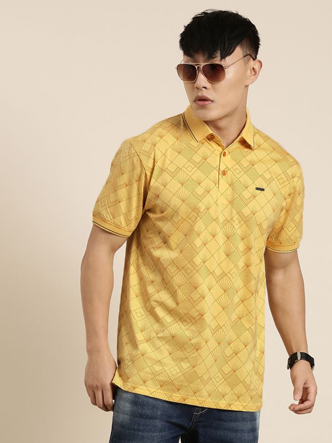 

Provogue Men Floral Printed Polo Collar T-shirt, Mustard