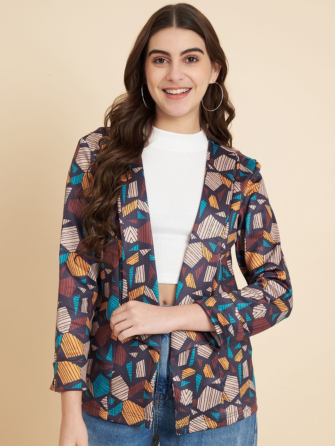 

Fbella Geometric Printed Shawl Collar Open Front Jacket Shrug, Brown
