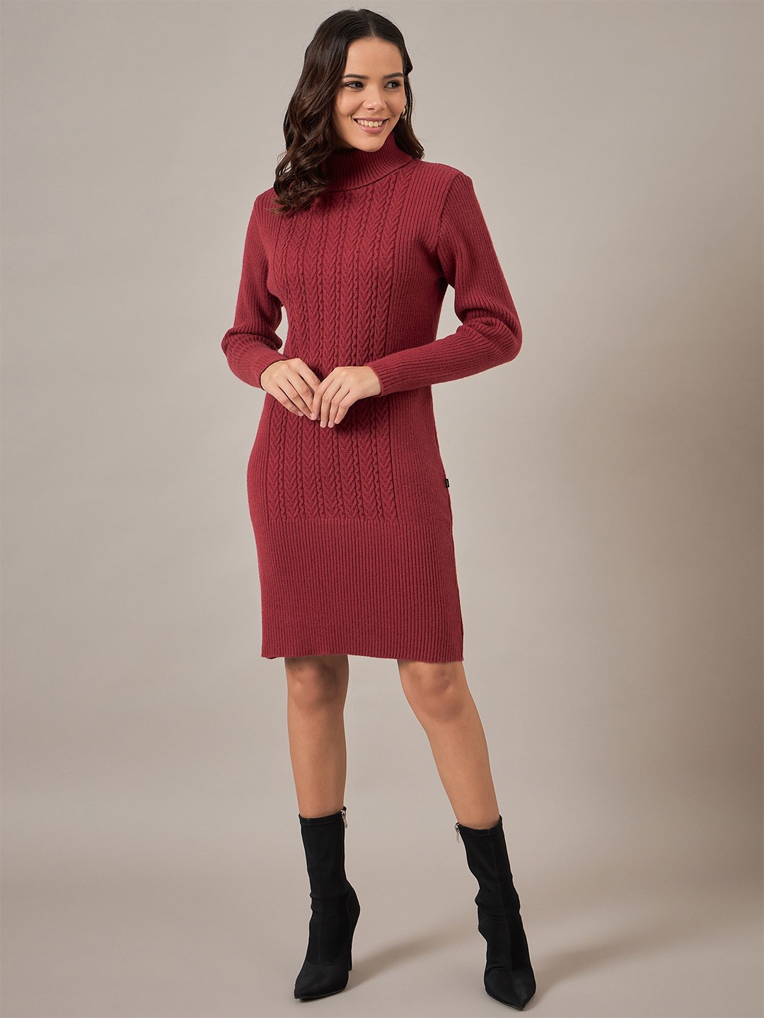 

The Roadster Lifestyle Co Women Self Designed Woolen Bodycon Casual Dress, Maroon