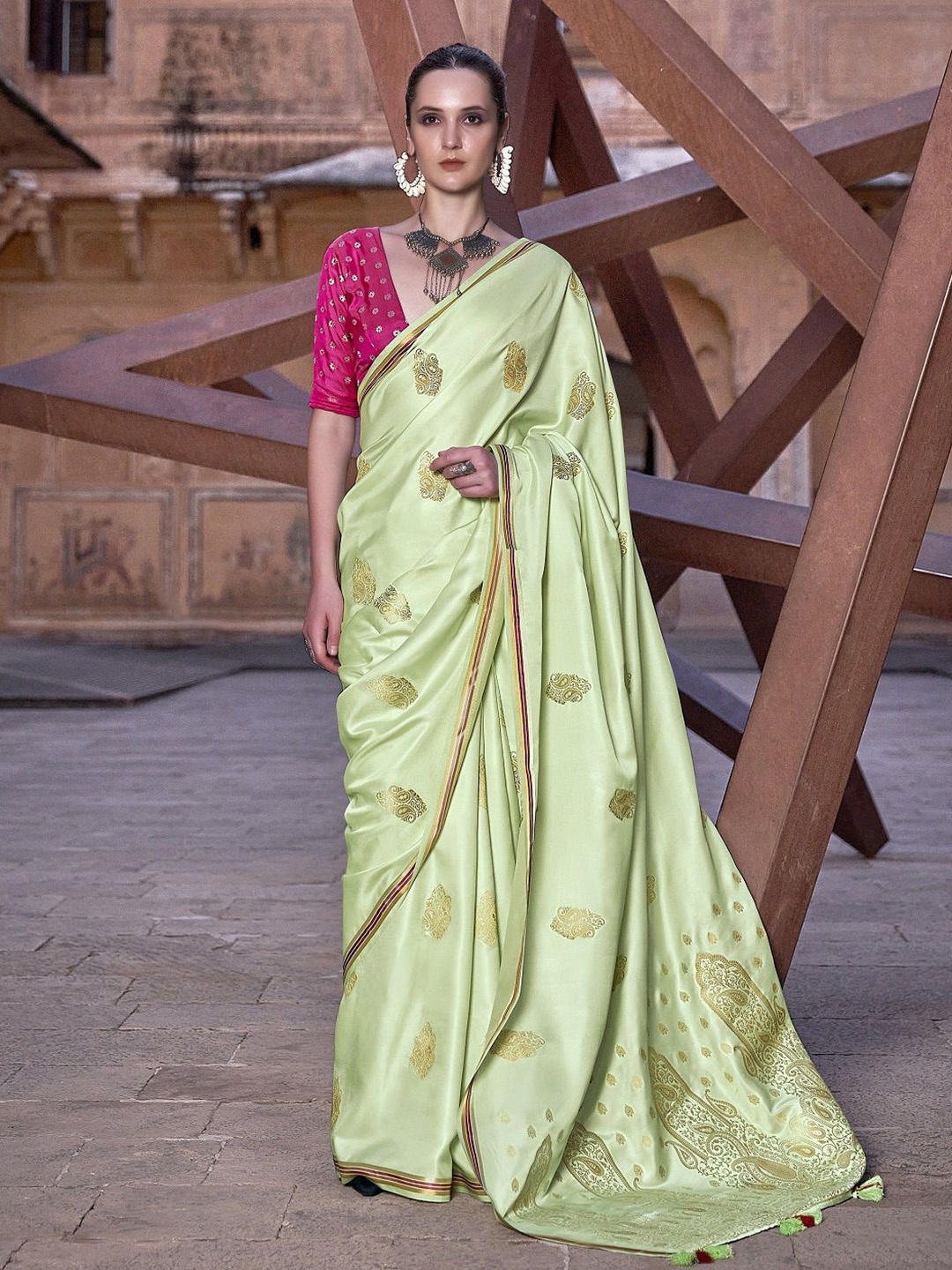 

MAHALASA Ethnic Motifs Zari Satin Saree, Green