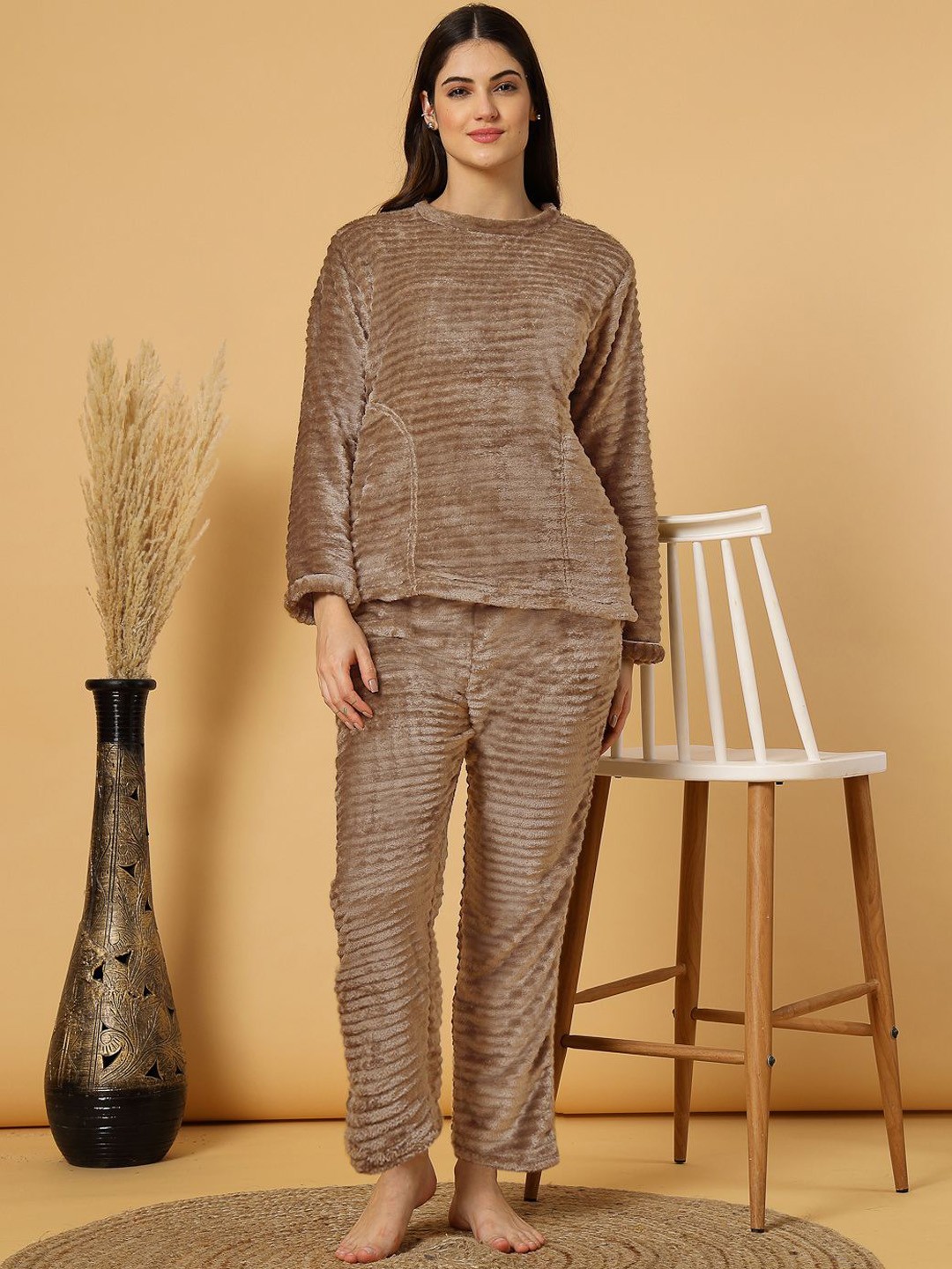 

FABINALIV Striped Round Neck Winter Night Suit with 2 Side Pockets, Brown