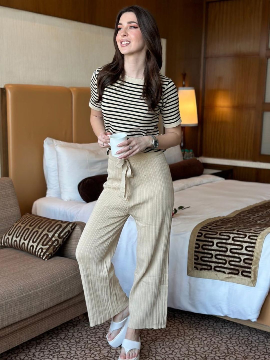 

StyleAsh Striped Top With Trousers, Beige