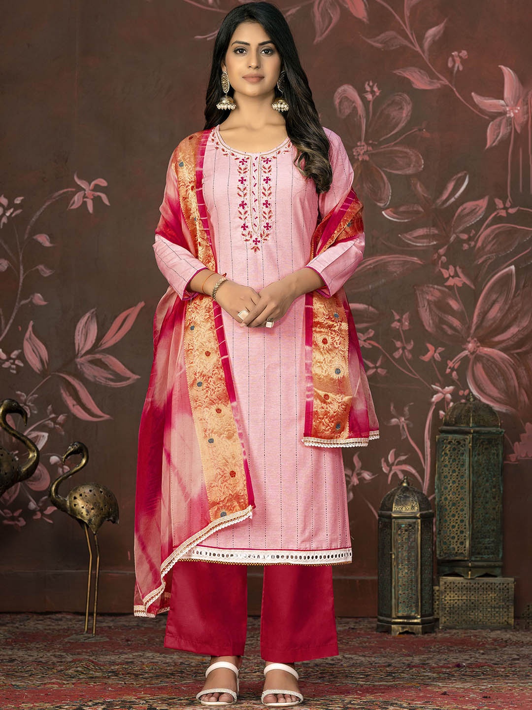 

Maroosh Floral Embellished Beads and Stones Cotton Unstitched Dress Material, Peach
