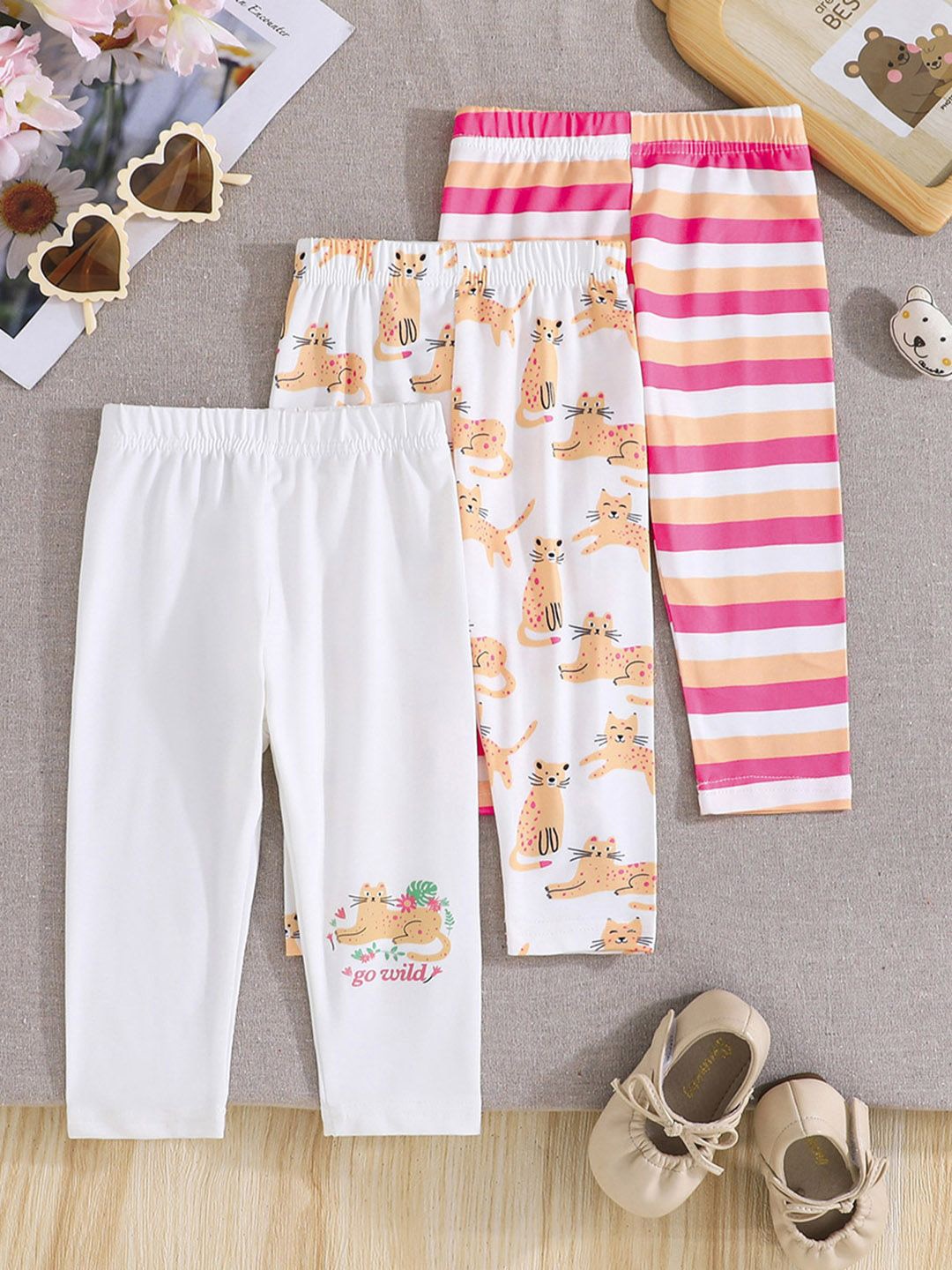 

INCLUD Girls Pack Of 3 Cotton Mid-Rise Printed Trousers, White