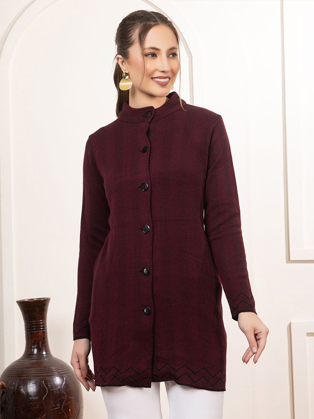 

Anouk Women Abstract Self Design Longline Winter Cardigan, Maroon