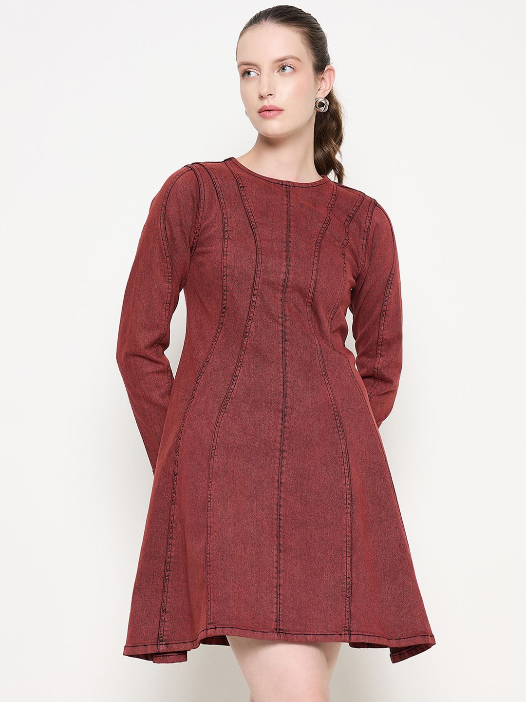

Madame Women Round Neck Cotton A-Line Above Knee Dress, Red