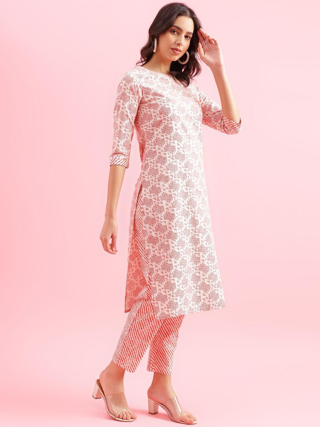 

KALINI Geometric Printed Round Neck Three Quarter Sleeves Straight Kurta With Trousers, Red