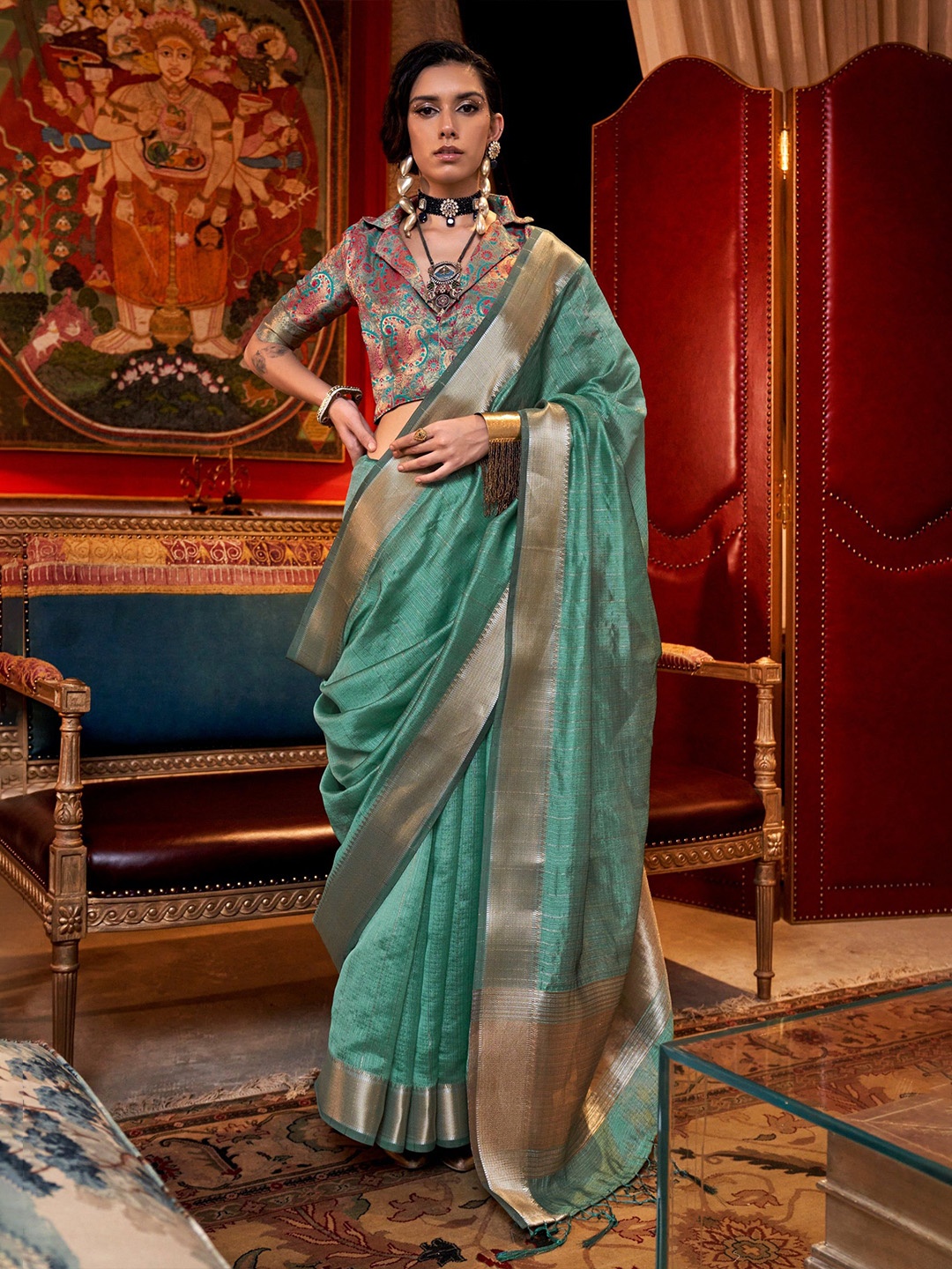 

MySilkLove Zari Pure Chiffon Saree, Green
