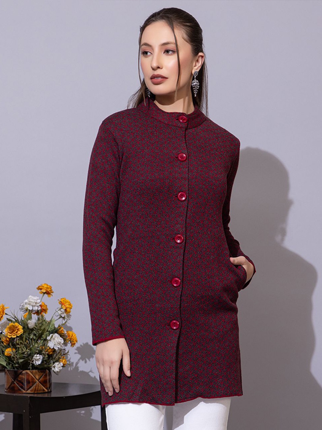 

Anouk Women Geometric Self Design Longline Cardigan, Maroon