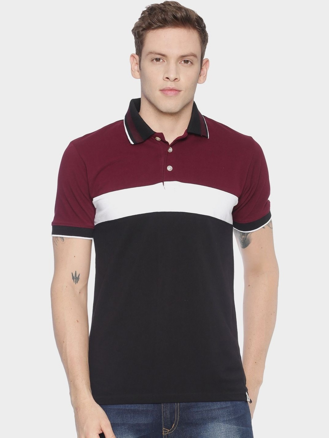 

ADRO Men Colourblocked Polo Collar T-shirt, Maroon