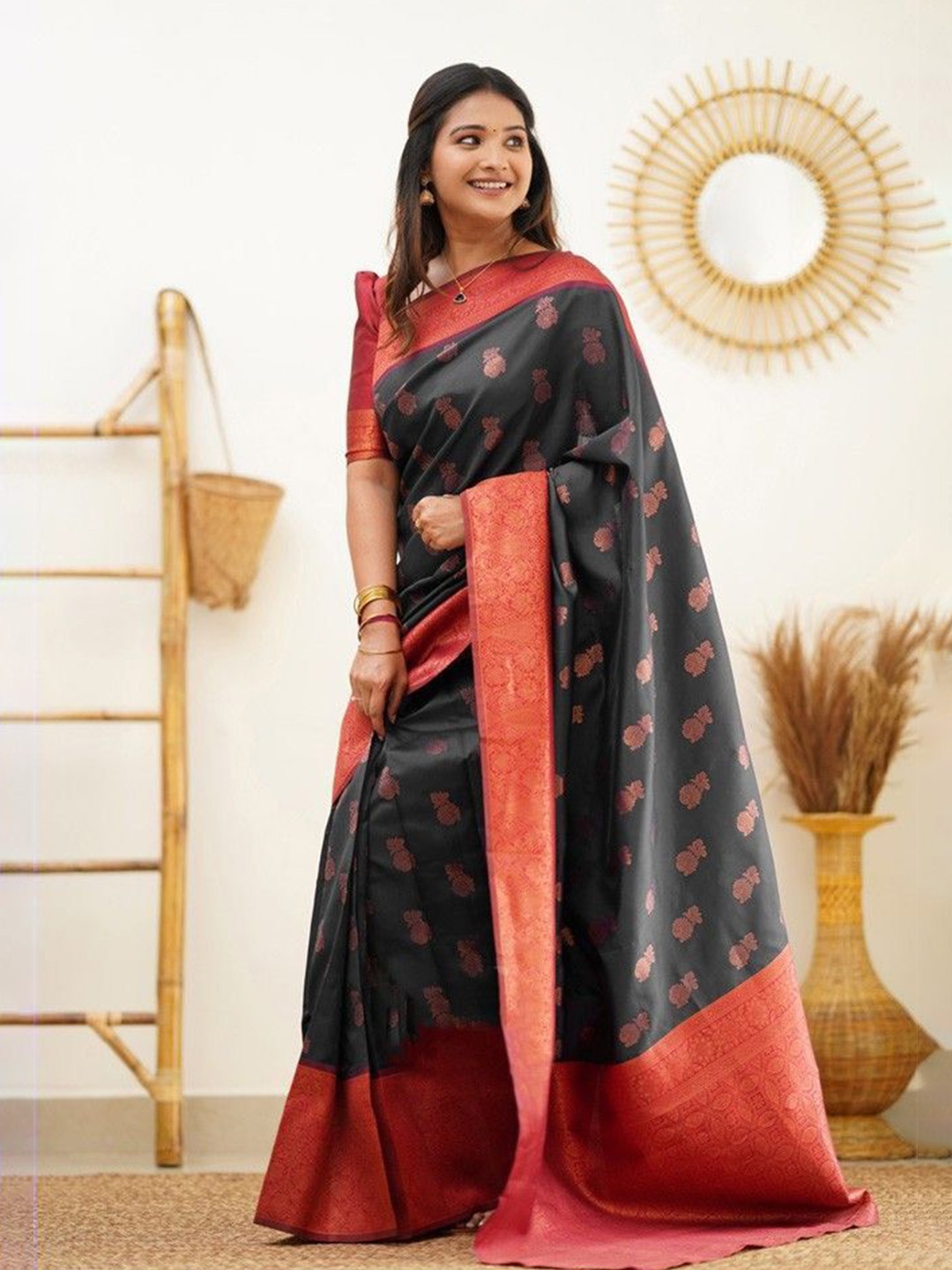 

KALINI Floral Printed Zari Pure Silk Kanjeevaram Saree, Black