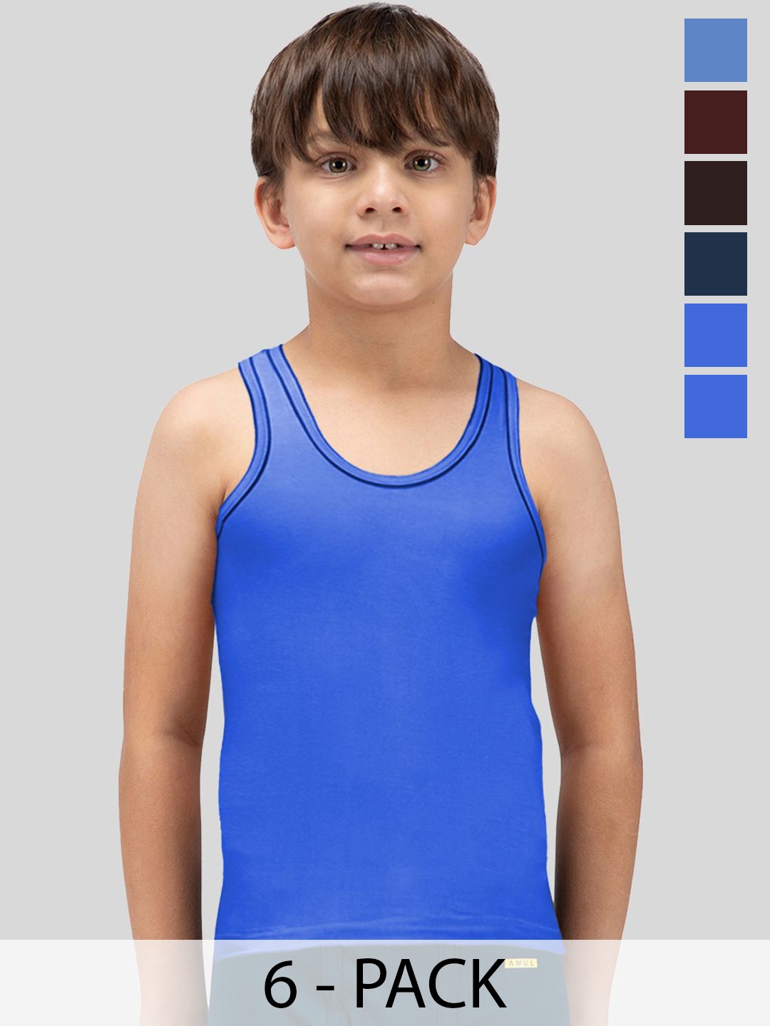 

AMUL COMFY Boys Pack Of 6 Pure Cotton Undershirt Vests, Blue