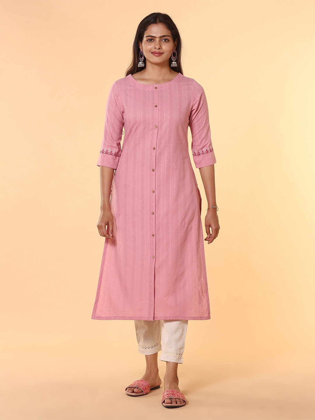 

Vismay Striped Round Neck Three-Quarter Sleeves Thread Work Pure Cotton Straight Kurta, Pink