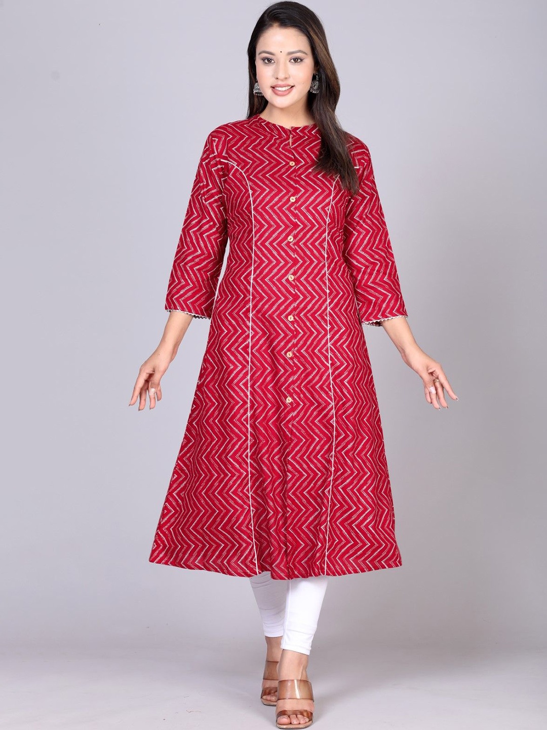 

ANTU KURTIES Chevron Printed Mandarin Collar Pure Cotton A-Line Kurta, Red