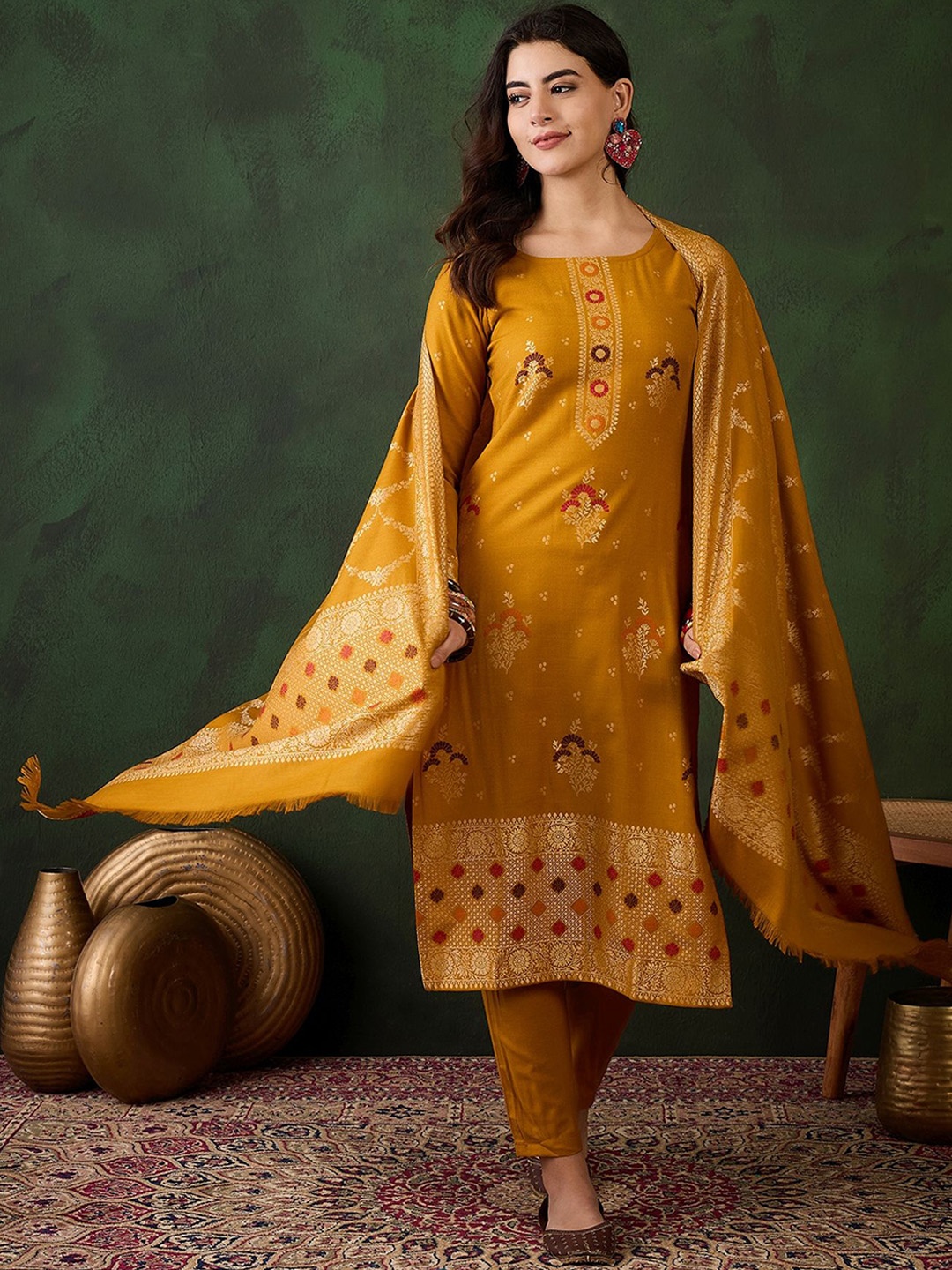 

Sangria Floral Woven Design Winter Pashmina Kurta & Trouser With Dupatta, Mustard