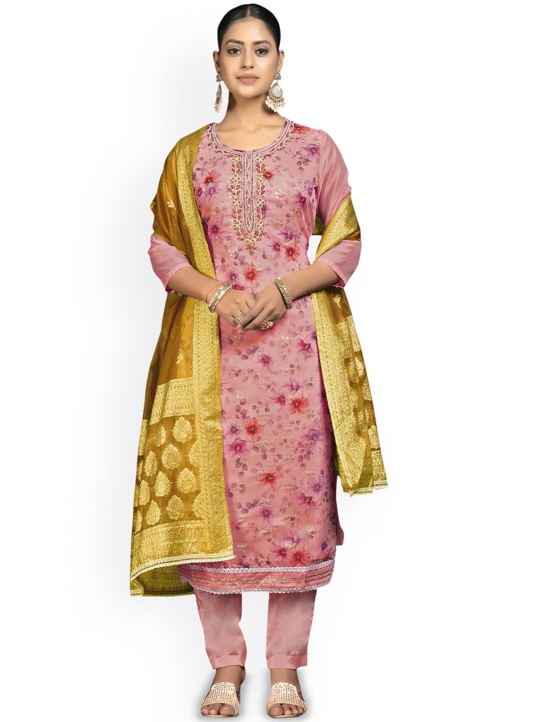 

Maroosh Floral Embellished Beads and Stones Organza Unstitched Dress Material, Pink