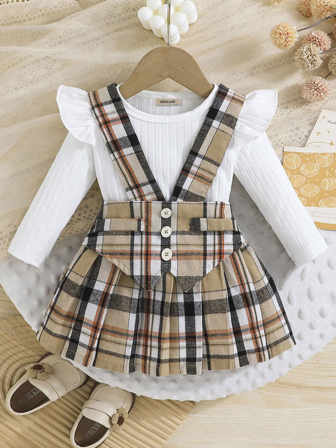 

INCLUD Girls Checkered Print Dungaree Skirt with Full Sleeves Knitted Top, Beige