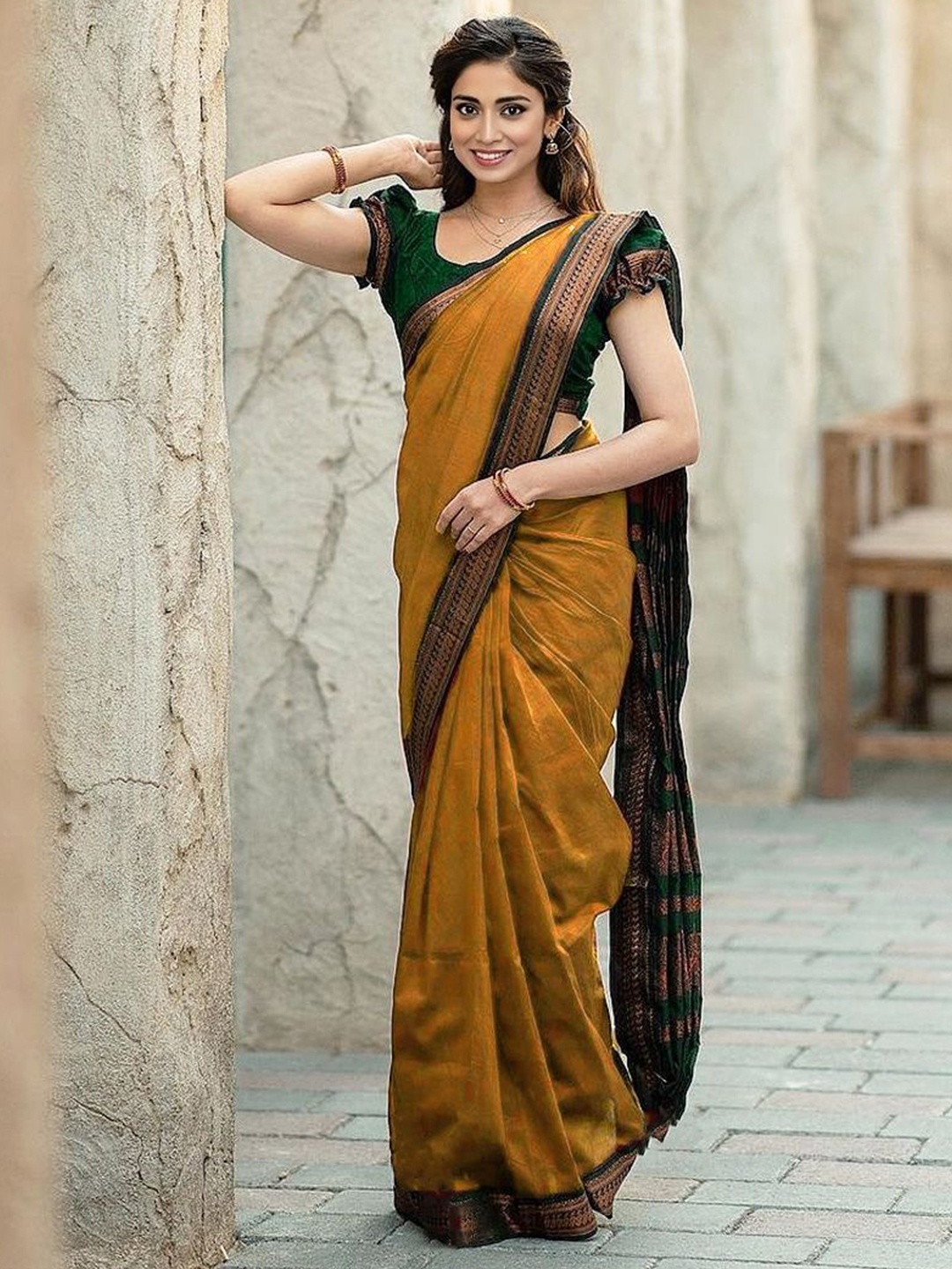

MANMOHITSAREE Woven Design Kanjeevaram Saree, Mustard