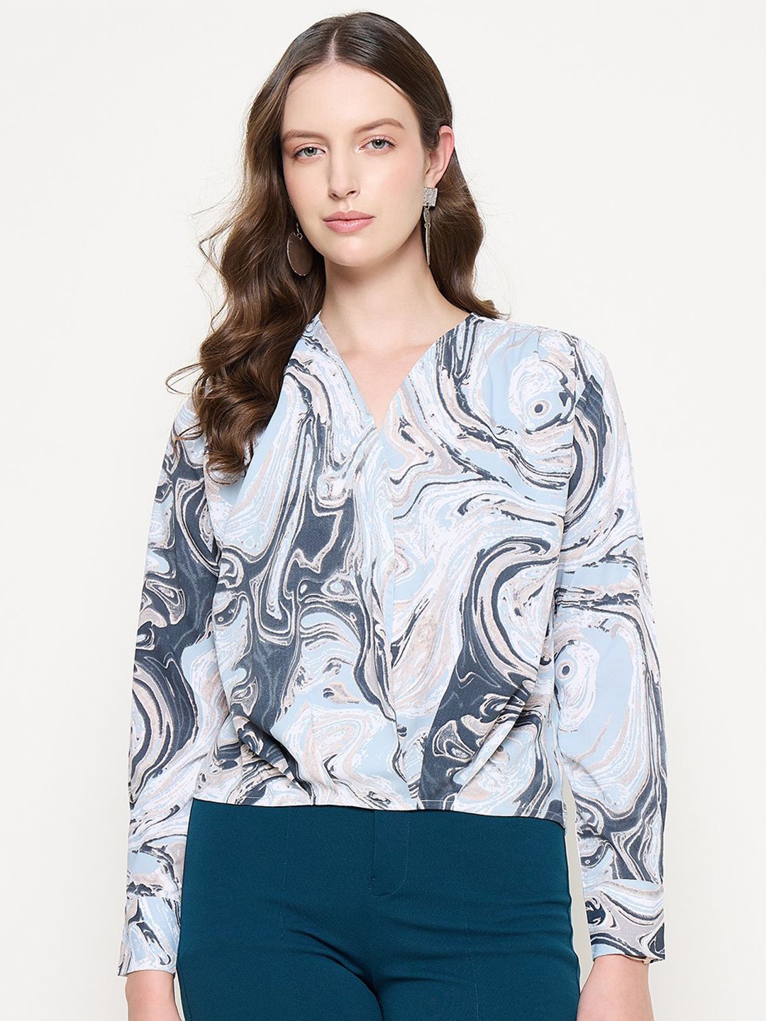 

Madame Women V-Neck Abstract Printed Long Sleeves Top, Blue