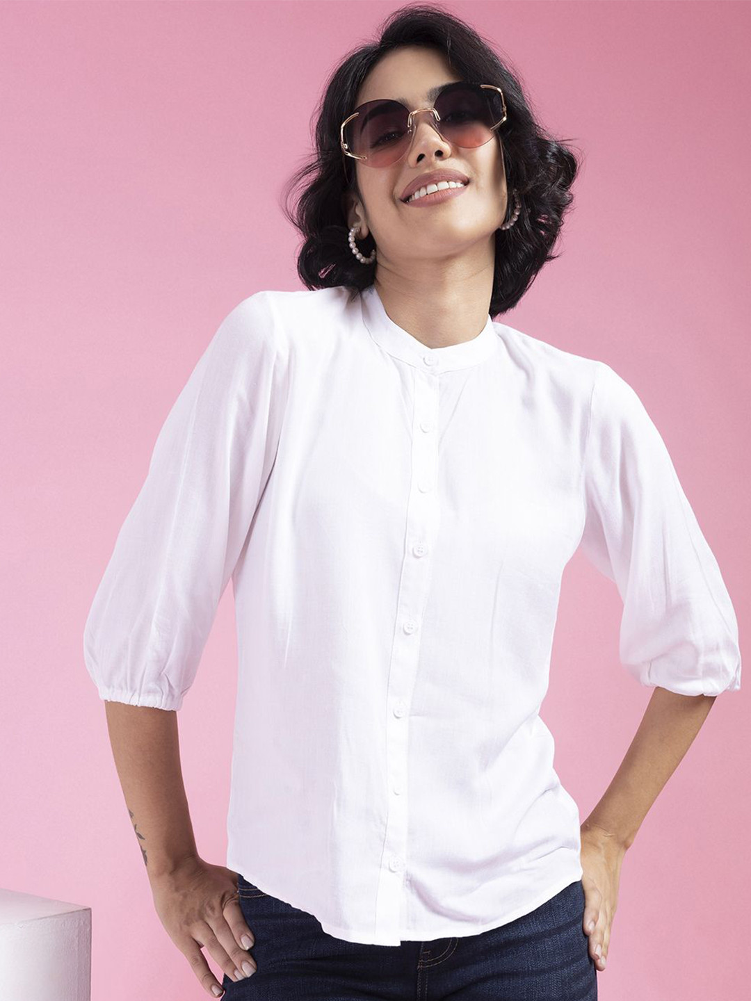 

KALINI Women Classic Band Collar Solid Casual Shirt, White