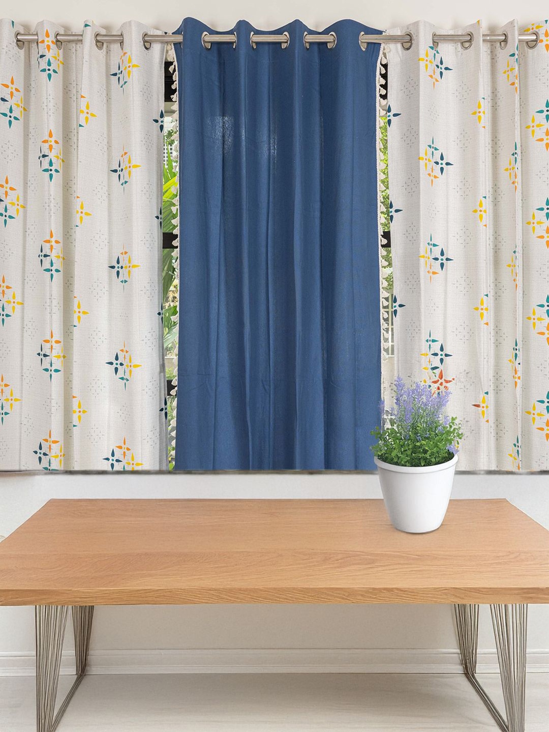 

URBAN SPACE White & Blue 3 Pieces Geometric Printed Cotton Window Curtains