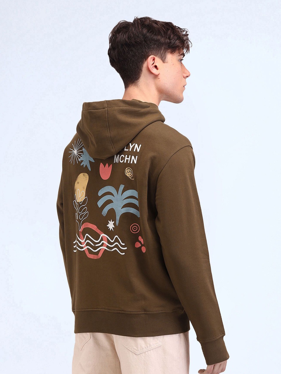 

Flying Machine Men Printed Hooded Cotton Sweatshirt, Brown