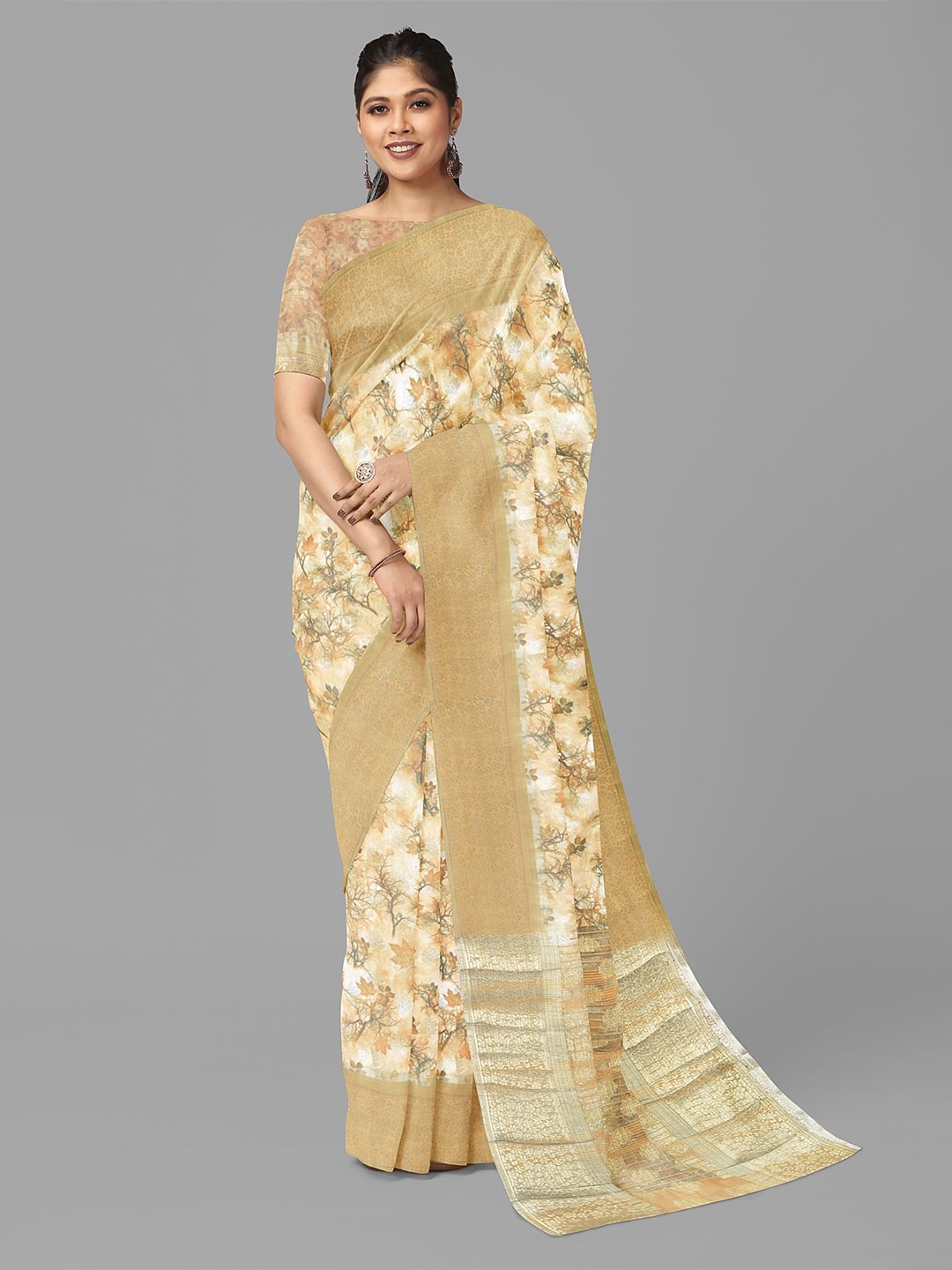 

The Chennai Silks Geometric Printed Woven Design Fusion Saree, Cream