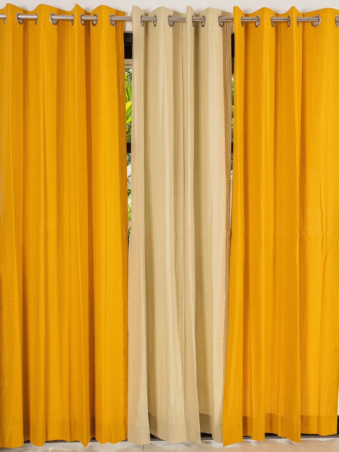 

URBAN SPACE Mustard & Cream-Coloured 3 Pieces Cotton Long Door Curtain
