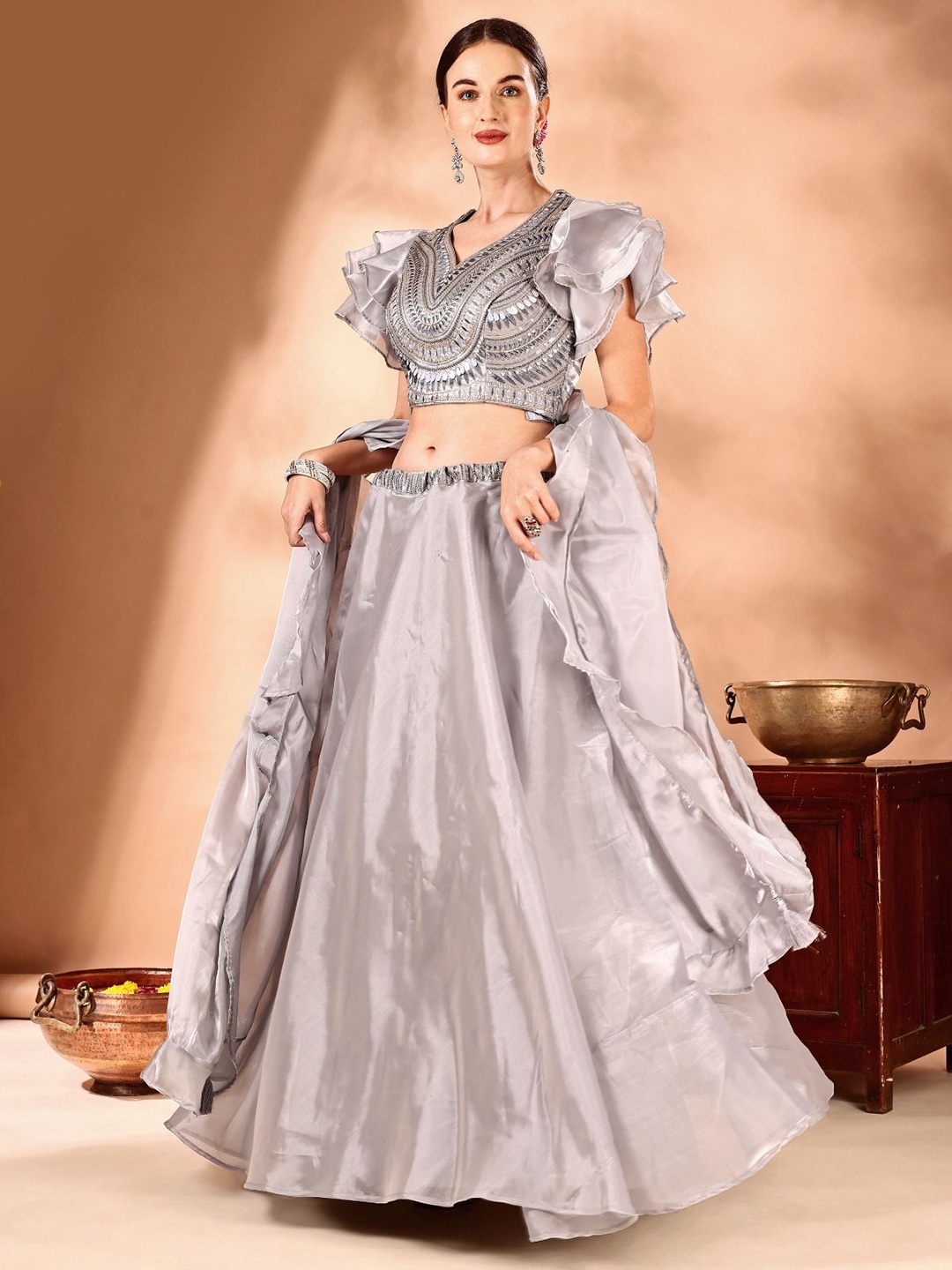 

JIVORA Embroidered Thread Work Ready to Wear Lehenga & Blouse With Dupatta, Grey