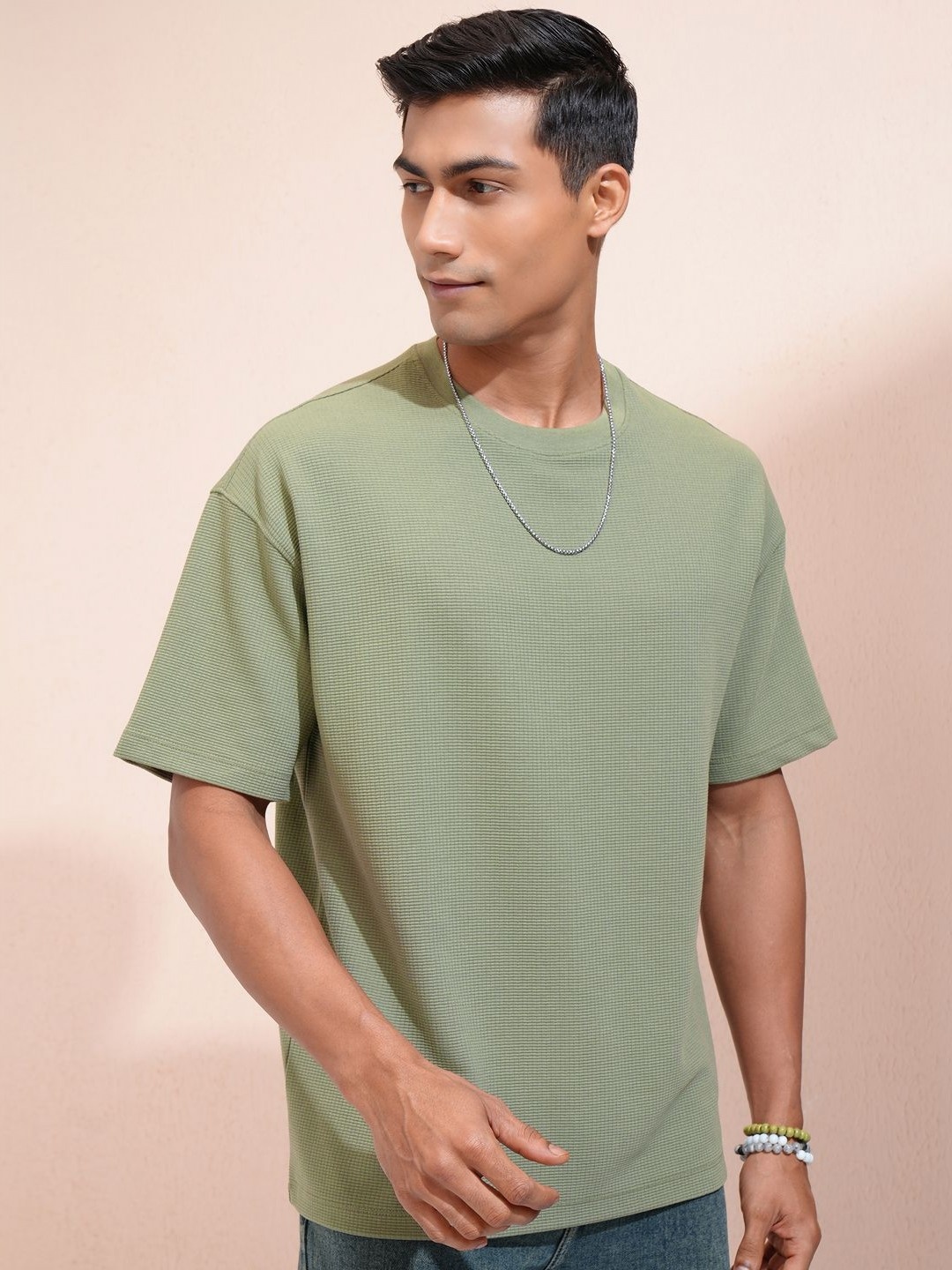 

Locomotive Men Premium Round Neck Knitted Textured Oversized Tshirt, Olive