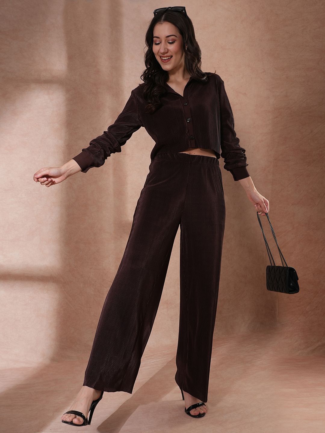 

Globus Brown Self Design Accordion Pleats Crop Shirt & Trousers
