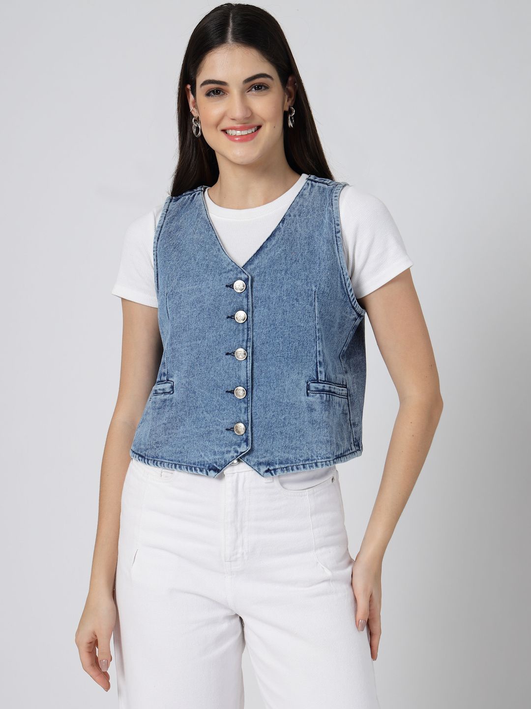 

COSMIC TRIO V-Neck Pure Cotton Denim Waistcoat, Blue