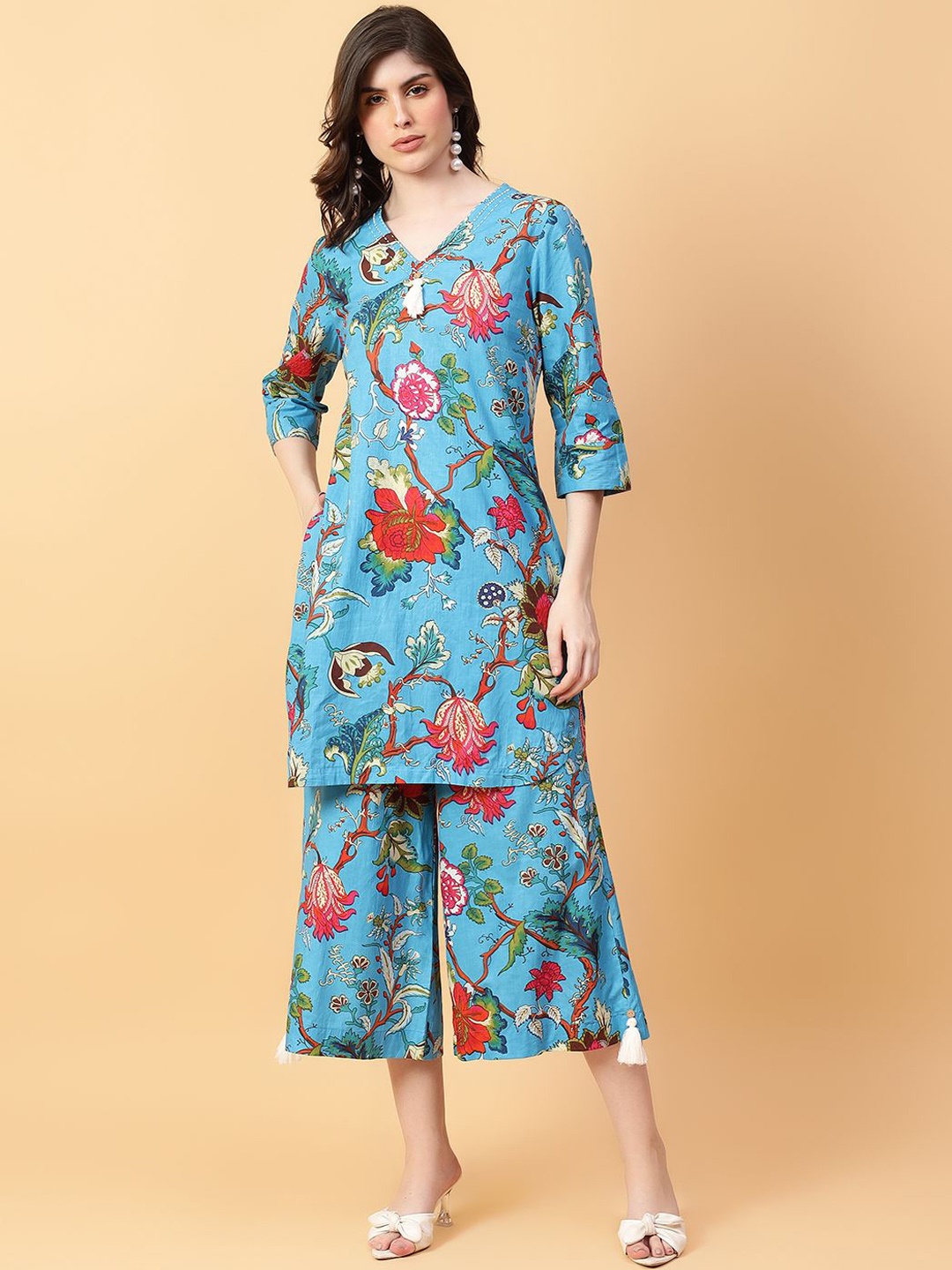 

aayusika Printed Pure Cotton Three Quarter Sleeve Tunic & Capris, Blue