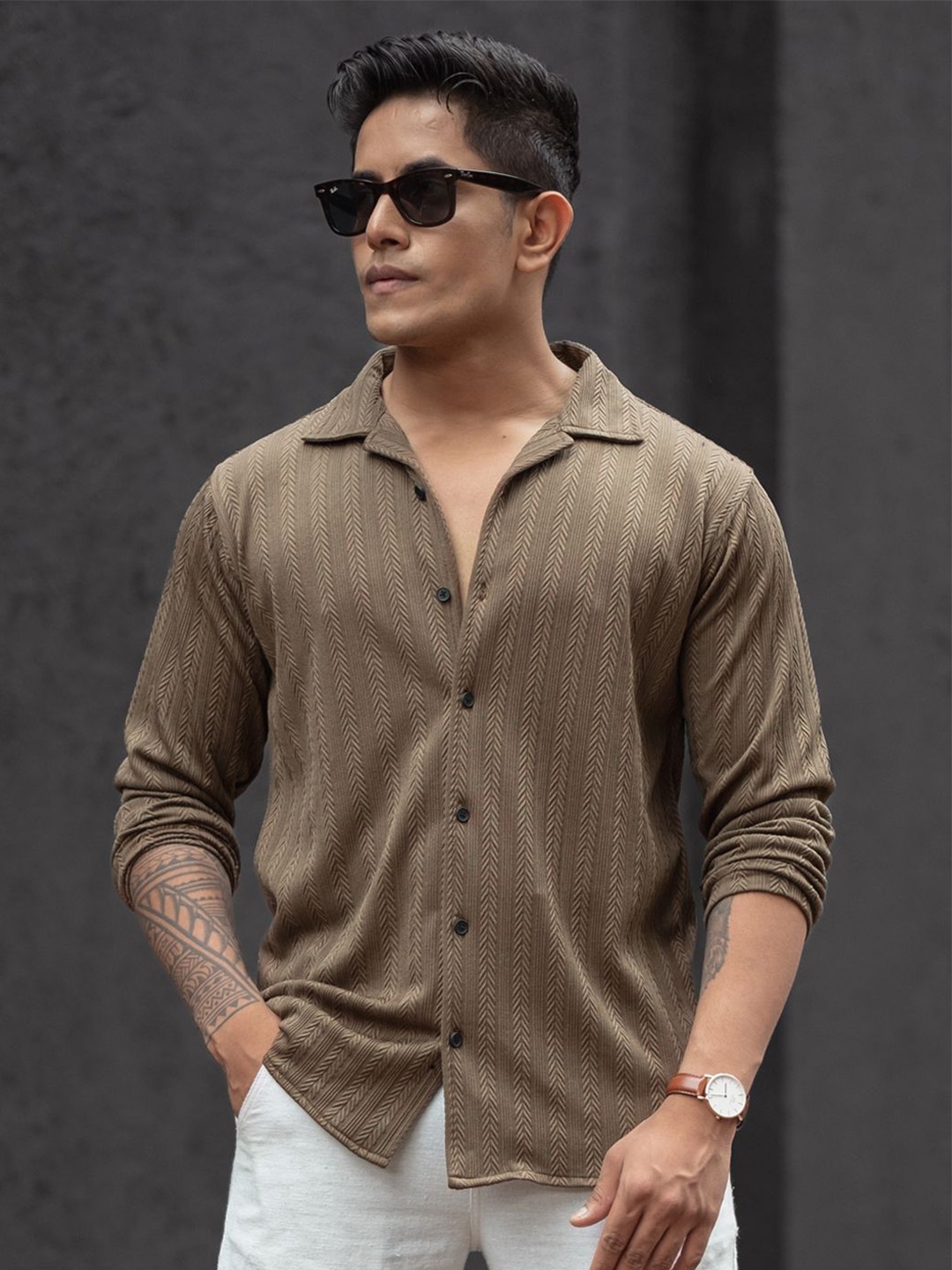 

Powerlook Men Cuban Collar Textured Casual Shirt, Brown