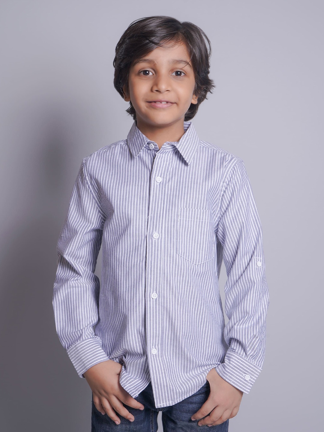 

Biglilpeople Boys Standard Spread Collar Vertical Striped Cotton Casual Shirt, Blue