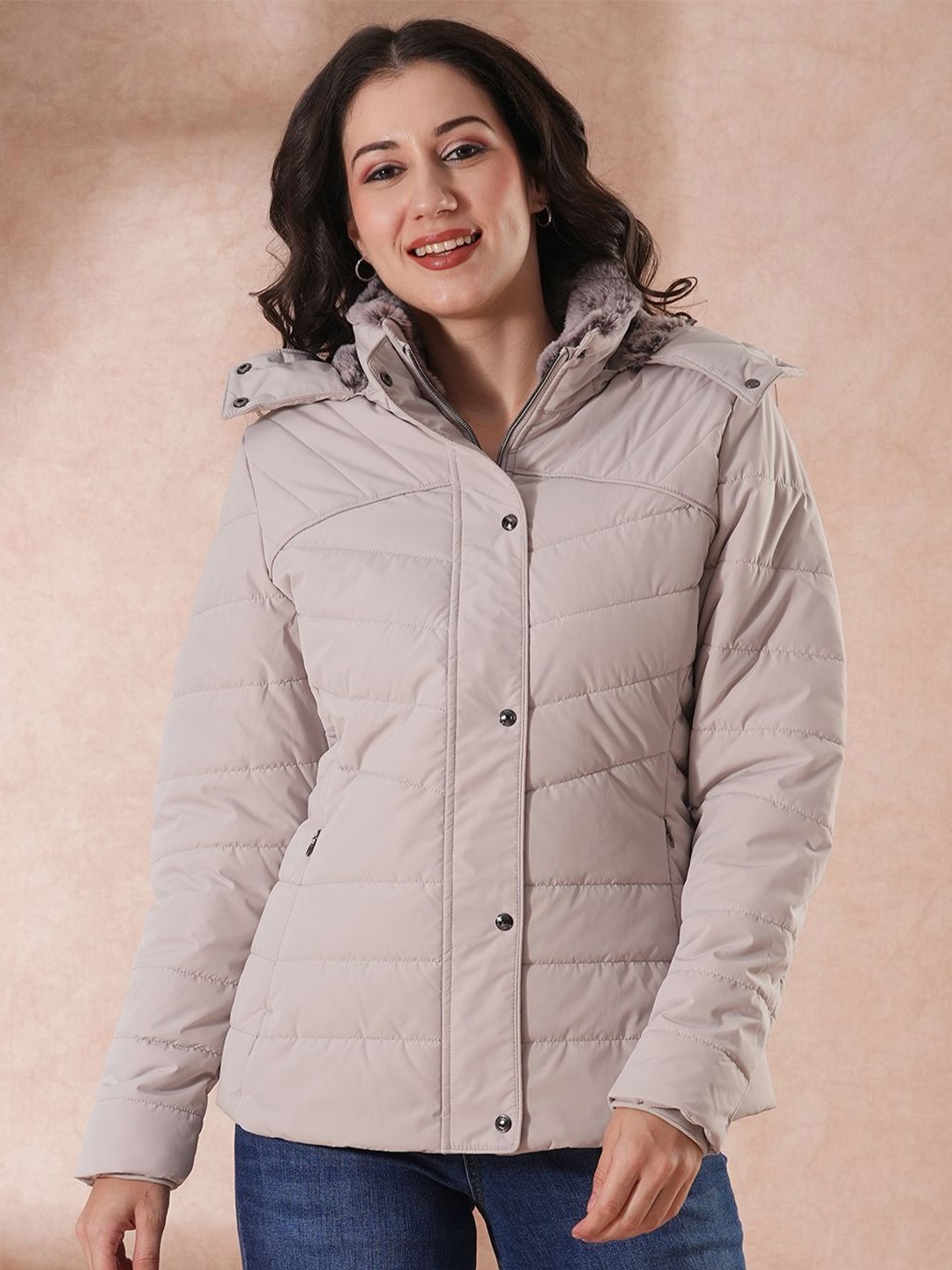 

Globus Women Hooded Solid Casual Puffer Jacket, Beige
