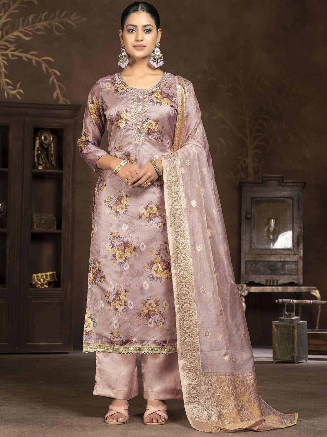 

Maroosh Ethnic Motifs Embellished Beads and Stones Organza Unstitched Dress Material, Rose gold